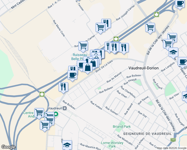 map of restaurants, bars, coffee shops, grocery stores, and more near 3171 Boulevard de la Gare in Vaudreuil-Dorion