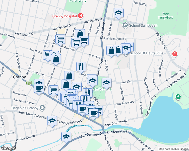 map of restaurants, bars, coffee shops, grocery stores, and more near 132 Rue Dufferin in Granby