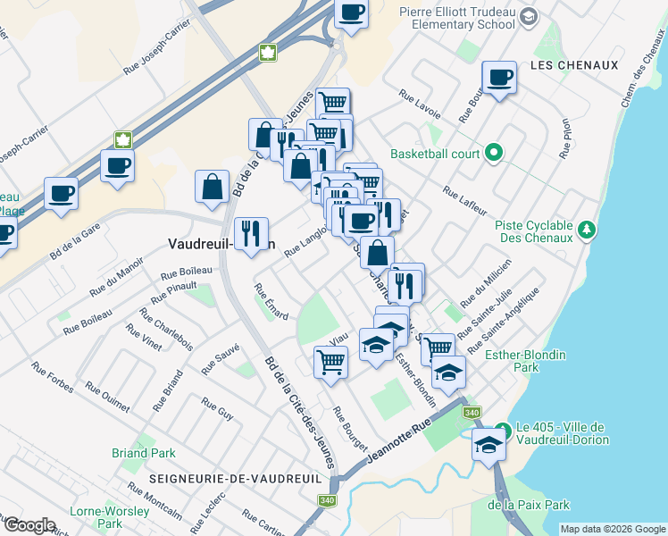 map of restaurants, bars, coffee shops, grocery stores, and more near 175 Rue Bourget in Vaudreuil-Dorion