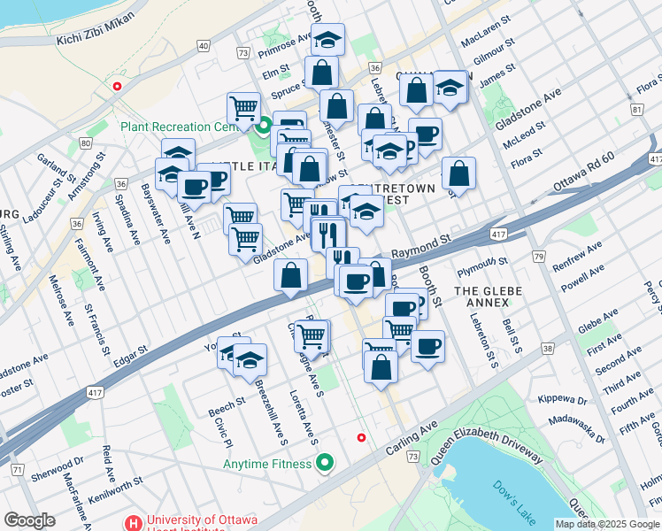 map of restaurants, bars, coffee shops, grocery stores, and more near 304 Preston Street in Ottawa