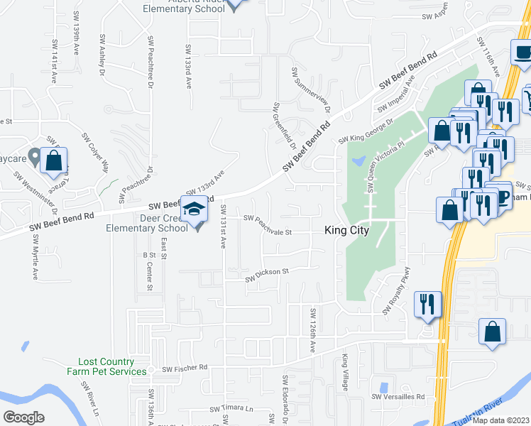 map of restaurants, bars, coffee shops, grocery stores, and more near 16099 Southwest 129th Terrace in Tigard