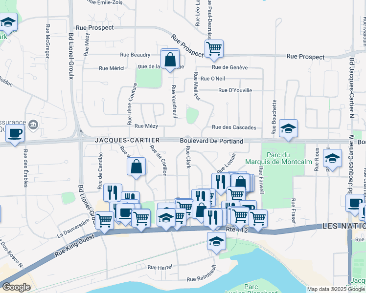 map of restaurants, bars, coffee shops, grocery stores, and more near 309 Rue Morris in Sherbrooke
