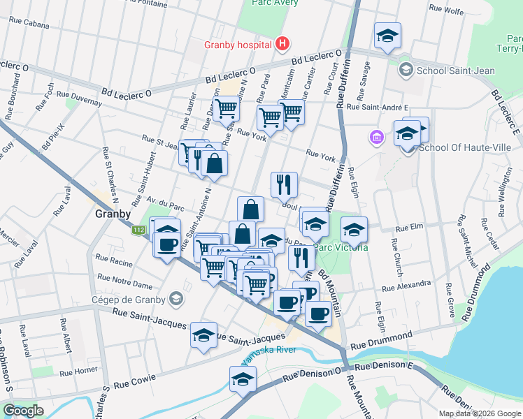 map of restaurants, bars, coffee shops, grocery stores, and more near 113 Rue du Centre in Granby