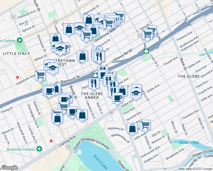 map of restaurants, bars, coffee shops, grocery stores, and more near 92 Plymouth Street in Ottawa