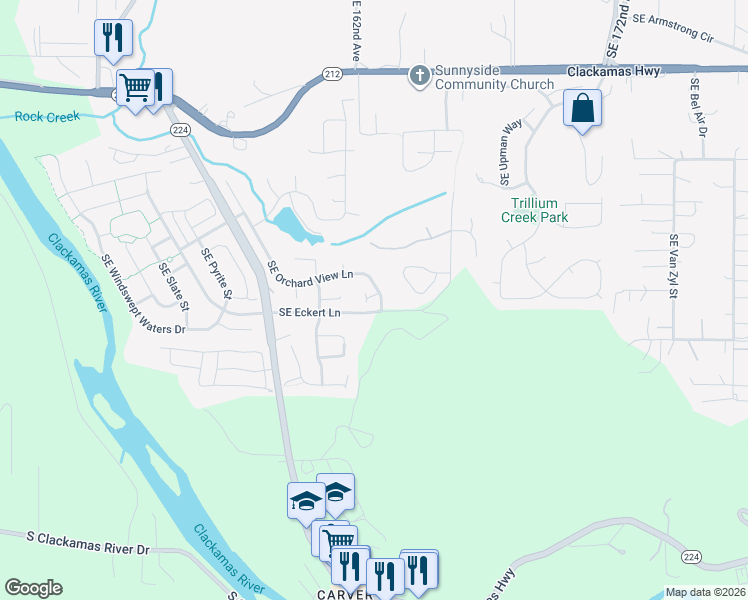map of restaurants, bars, coffee shops, grocery stores, and more near 16569 Southeast Orchard View Lane in Damascus
