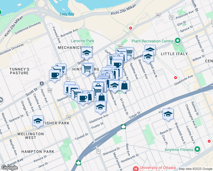 map of restaurants, bars, coffee shops, grocery stores, and more near 200-1083 Wellington Street West in Ottawa
