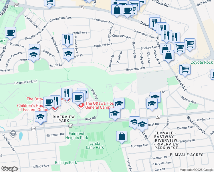 map of restaurants, bars, coffee shops, grocery stores, and more near 100 Roger Guindon Avenue in Ottawa