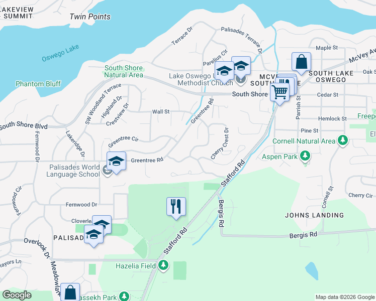 map of restaurants, bars, coffee shops, grocery stores, and more near 17045 Cherry Crest Avenue in Lake Oswego