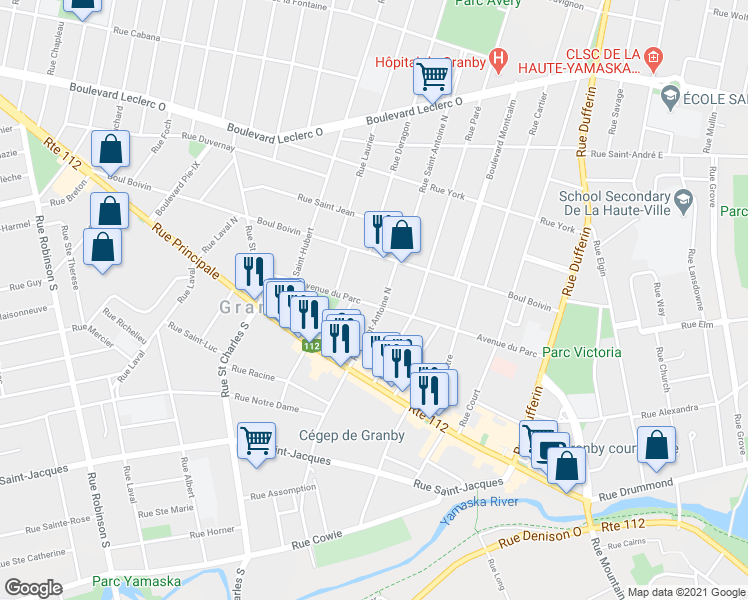 map of restaurants, bars, coffee shops, grocery stores, and more near 311 Avenue du Parc in Granby