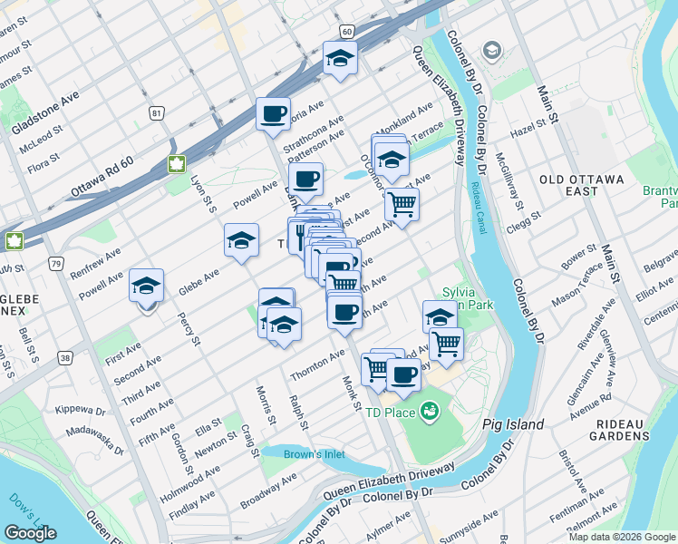 map of restaurants, bars, coffee shops, grocery stores, and more near in Ottawa