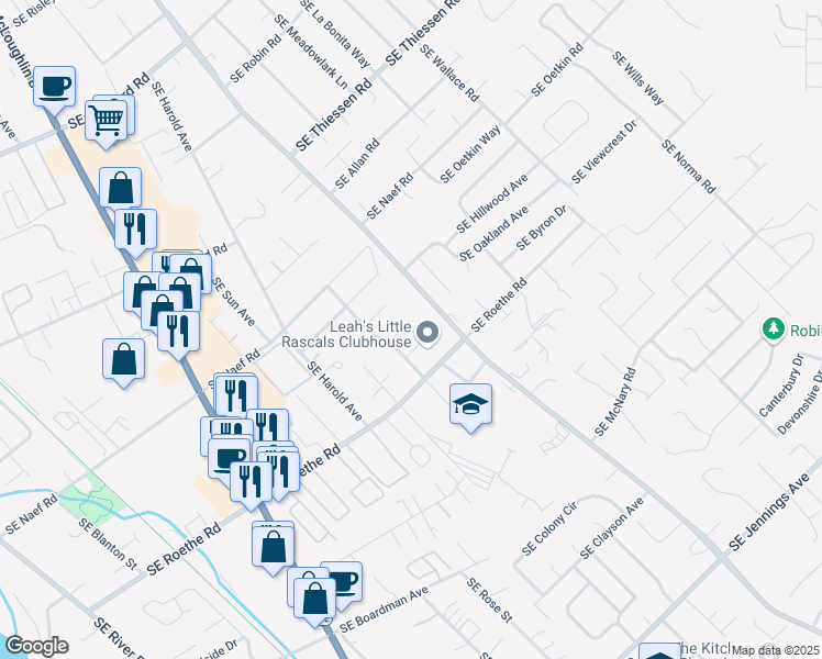 map of restaurants, bars, coffee shops, grocery stores, and more near 16554 Southeast Gordon Court in Milwaukie