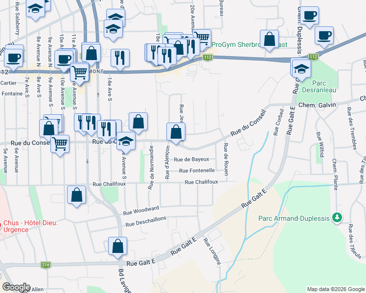 map of restaurants, bars, coffee shops, grocery stores, and more near 1235 Rue du Conseil in Sherbrooke