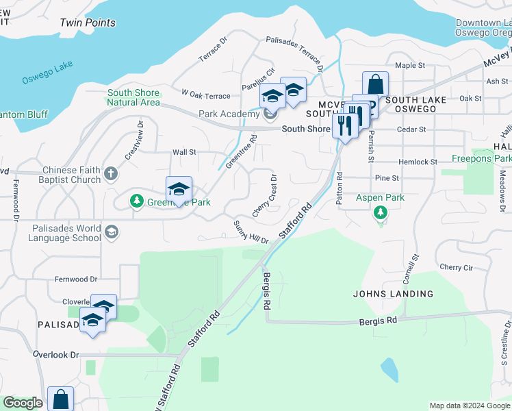 map of restaurants, bars, coffee shops, grocery stores, and more near 16977 Cherry Crest Drive in Lake Oswego