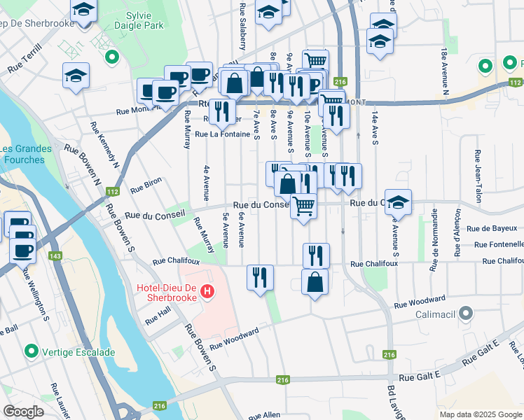 map of restaurants, bars, coffee shops, grocery stores, and more near 604 Rue du Conseil in Sherbrooke