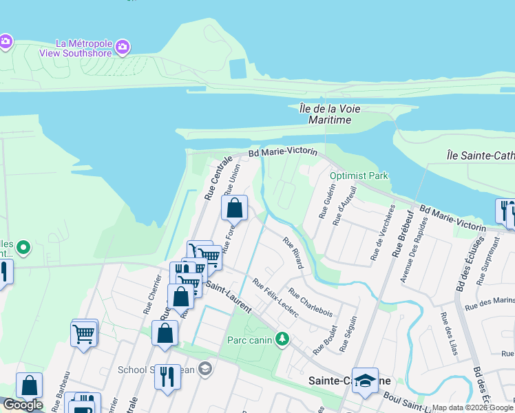 map of restaurants, bars, coffee shops, grocery stores, and more near 5720 Rue Rivard in Sainte-Catherine