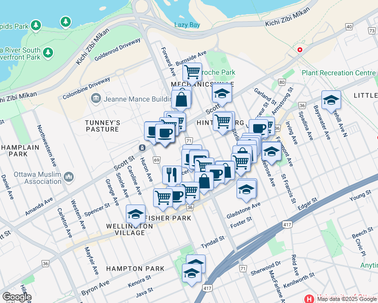 map of restaurants, bars, coffee shops, grocery stores, and more near 305 Parkdale Avenue in Ottawa