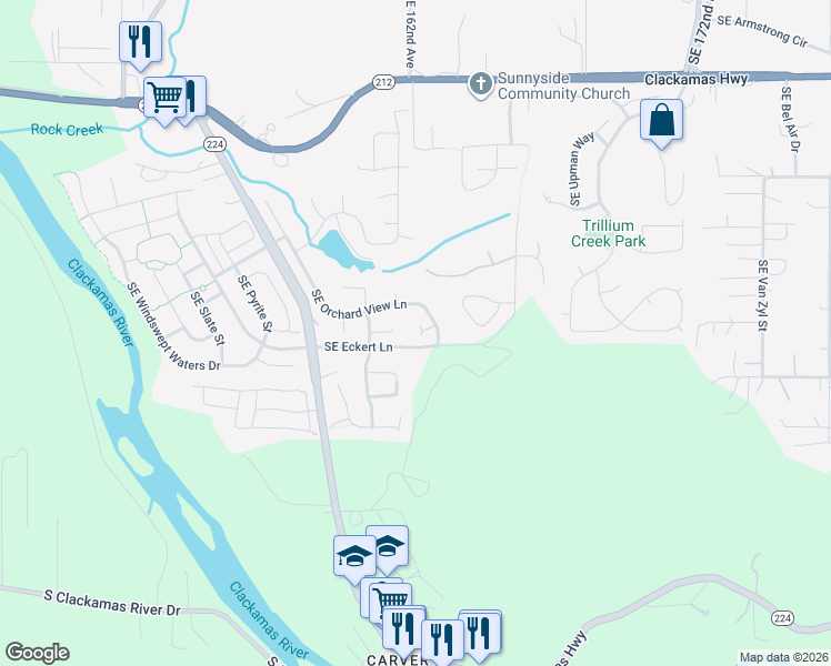 map of restaurants, bars, coffee shops, grocery stores, and more near 16569 Southeast Orchard View Lane in Damascus