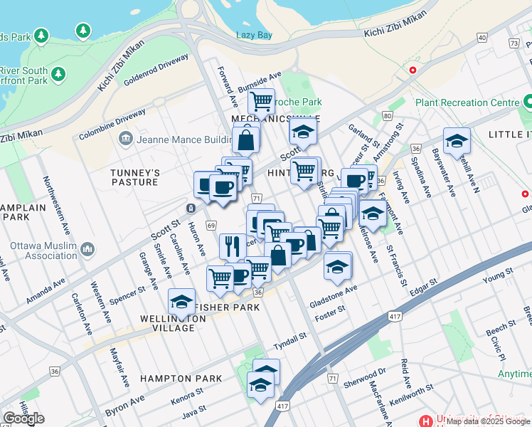 map of restaurants, bars, coffee shops, grocery stores, and more near 305 Parkdale Avenue in Ottawa
