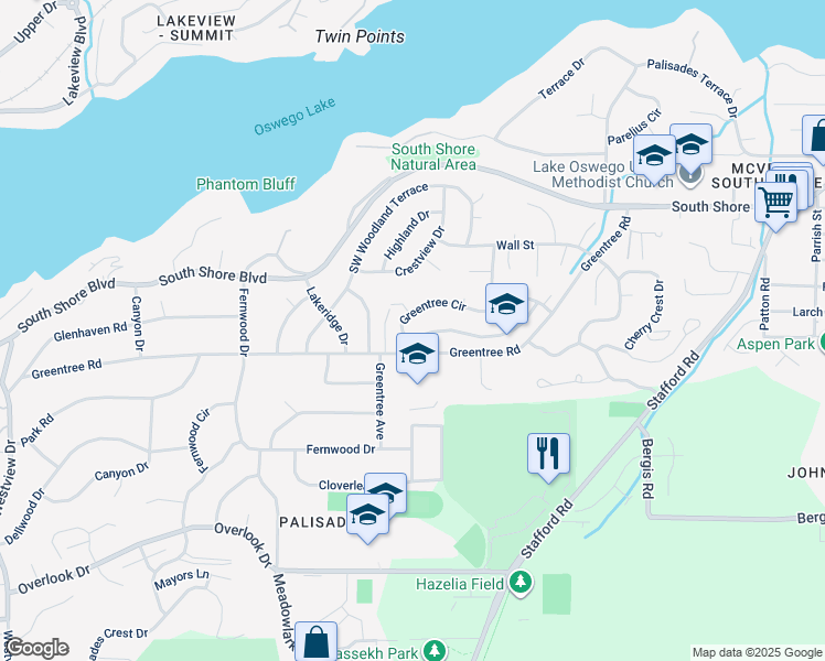 map of restaurants, bars, coffee shops, grocery stores, and more near 1445 Greentree Circle in Lake Oswego