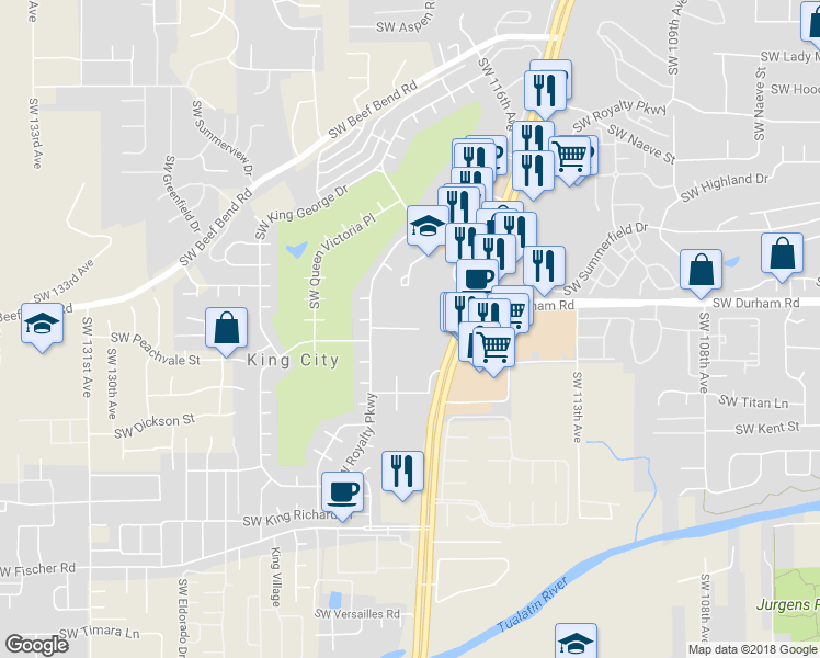 map of restaurants, bars, coffee shops, grocery stores, and more near 15175 SW Royalty Ct in Portland