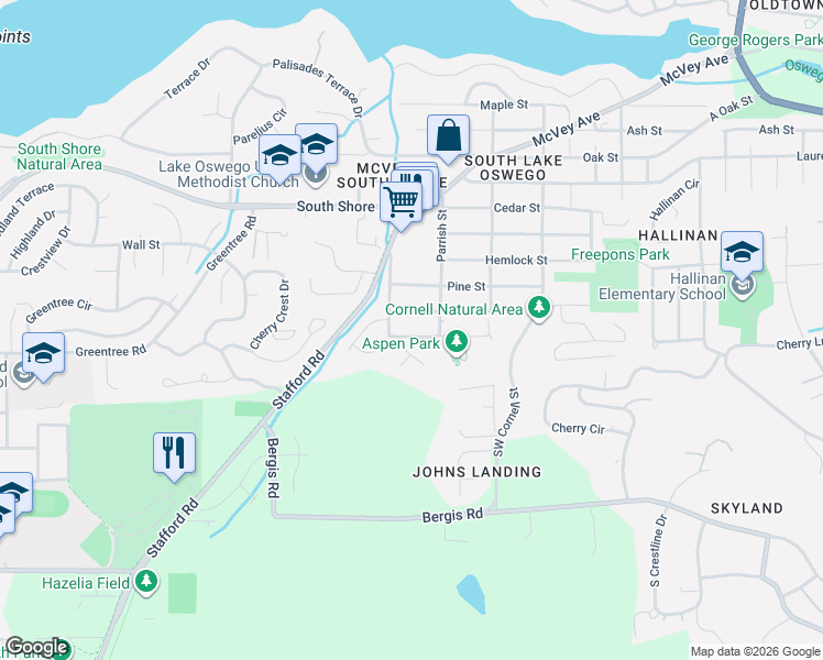 map of restaurants, bars, coffee shops, grocery stores, and more near 1635 Aspen Street in Lake Oswego