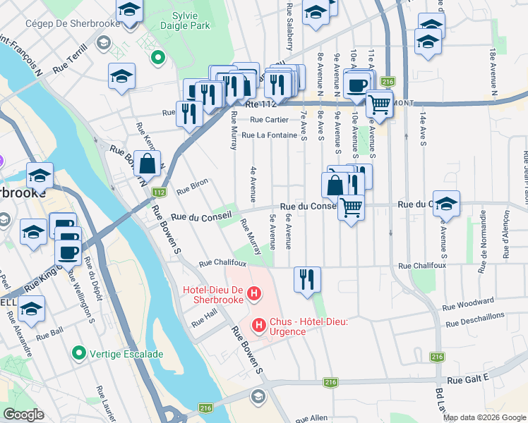 map of restaurants, bars, coffee shops, grocery stores, and more near 482 Rue du Conseil in Sherbrooke