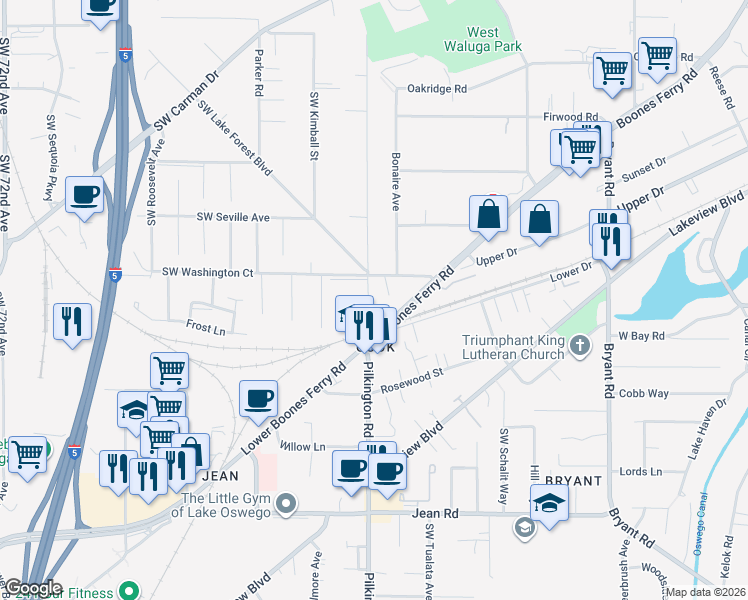 map of restaurants, bars, coffee shops, grocery stores, and more near 16820 Southwest Inverurie Road in Lake Oswego