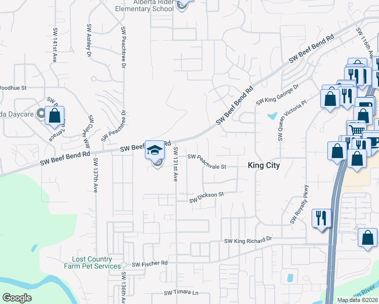 map of restaurants, bars, coffee shops, grocery stores, and more near 16076 Southwest 130th Terrace in Tigard