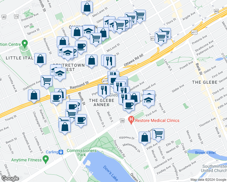 map of restaurants, bars, coffee shops, grocery stores, and more near 92 Plymouth Street in Ottawa