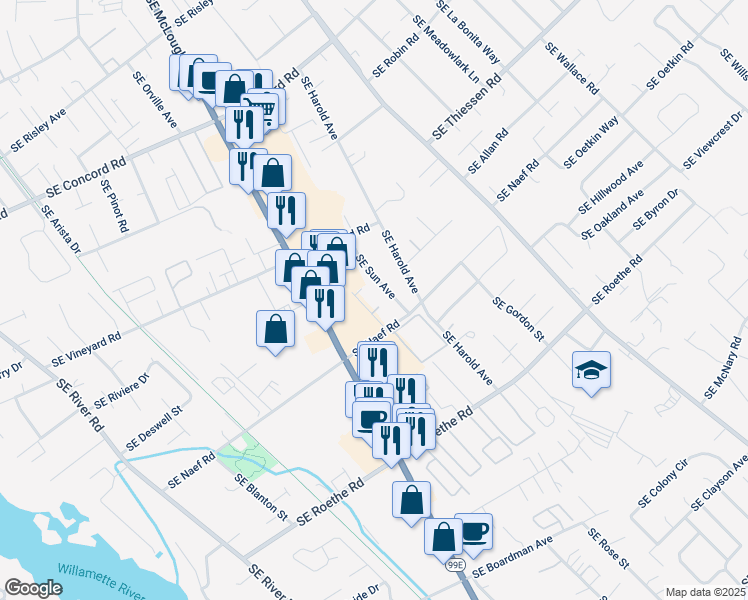 map of restaurants, bars, coffee shops, grocery stores, and more near 16515 Southeast Sun Avenue in Milwaukie