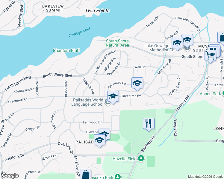 map of restaurants, bars, coffee shops, grocery stores, and more near 1445 Greentree Circle in Lake Oswego