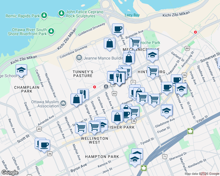 map of restaurants, bars, coffee shops, grocery stores, and more near in Ottawa