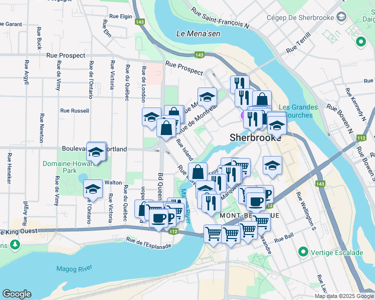 map of restaurants, bars, coffee shops, grocery stores, and more near 288 Rue Island in Sherbrooke