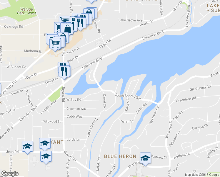map of restaurants, bars, coffee shops, grocery stores, and more near 3805 South Shore Boulevard in Lake Oswego