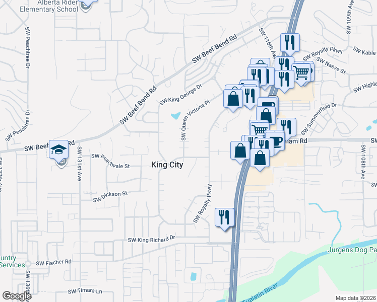 map of restaurants, bars, coffee shops, grocery stores, and more near 16100 Southwest Queen Victoria Place in King City