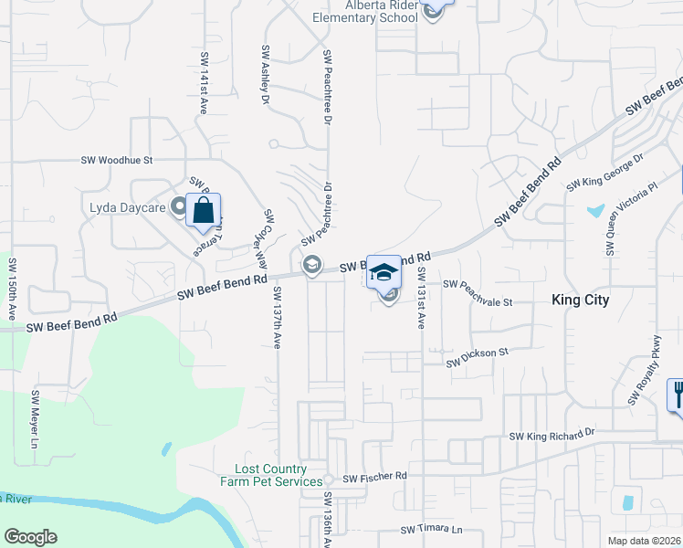 map of restaurants, bars, coffee shops, grocery stores, and more near 13620 Southwest Beef Bend Road in King City