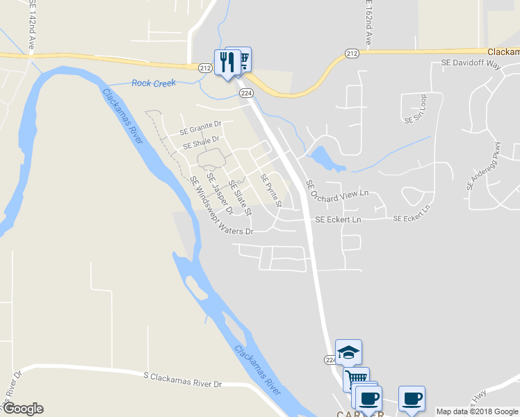 map of restaurants, bars, coffee shops, grocery stores, and more near 15638 Southeast Eckert Lane in Damascus