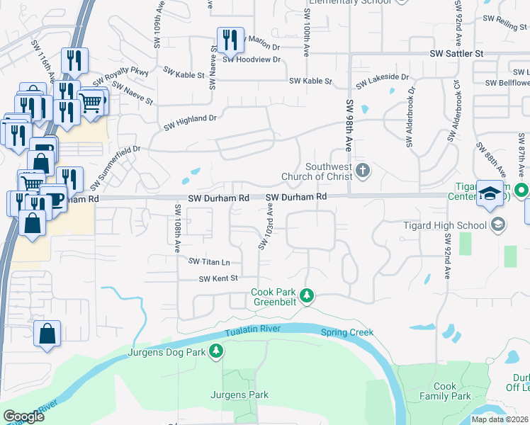 map of restaurants, bars, coffee shops, grocery stores, and more near 10230 Southwest Elise Court in Tigard