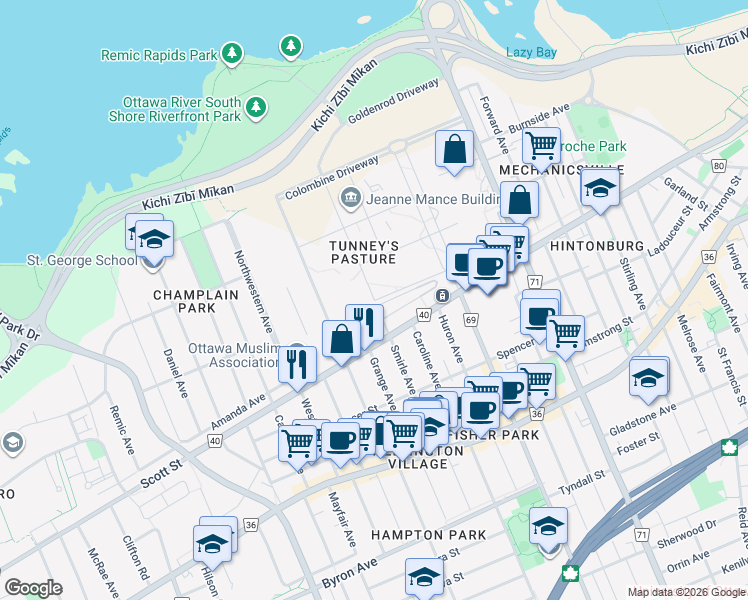map of restaurants, bars, coffee shops, grocery stores, and more near 101 Goldenrod Drwy in Ottawa