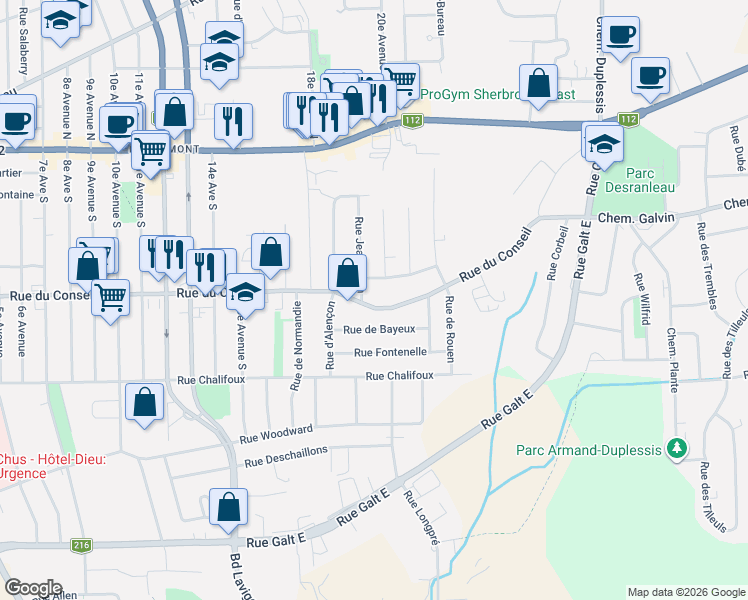 map of restaurants, bars, coffee shops, grocery stores, and more near 1235 Rue du Conseil in Sherbrooke