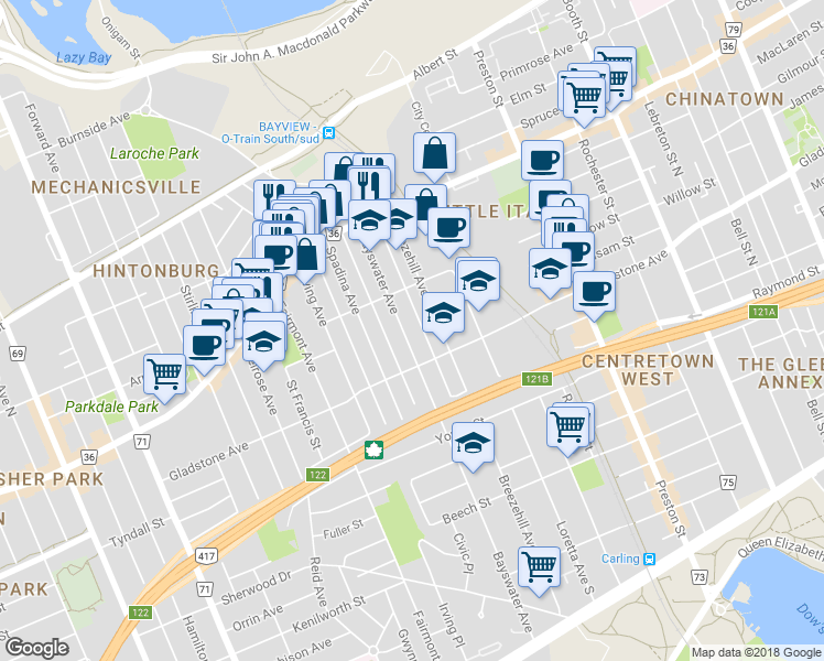 map of restaurants, bars, coffee shops, grocery stores, and more near 125 Bayswater Avenue in Ottawa