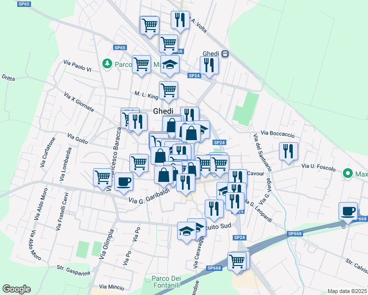 map of restaurants, bars, coffee shops, grocery stores, and more near 21 Via Repubblica in Ghedi