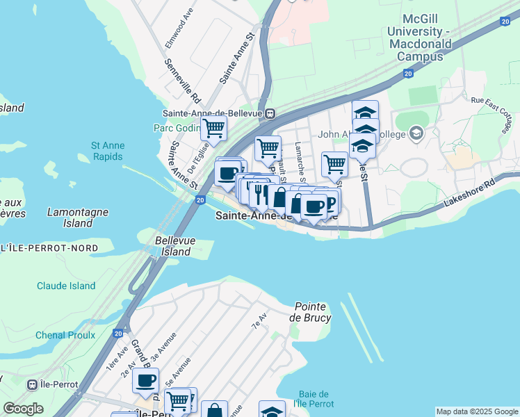 map of restaurants, bars, coffee shops, grocery stores, and more near in Sainte-Anne-de-Bellevue