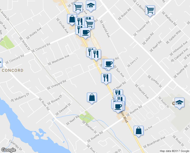 map of restaurants, bars, coffee shops, grocery stores, and more near 3800 Southeast Vineyard Road in Milwaukie