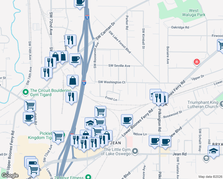 map of restaurants, bars, coffee shops, grocery stores, and more near 16889 Wight Lane in Lake Oswego