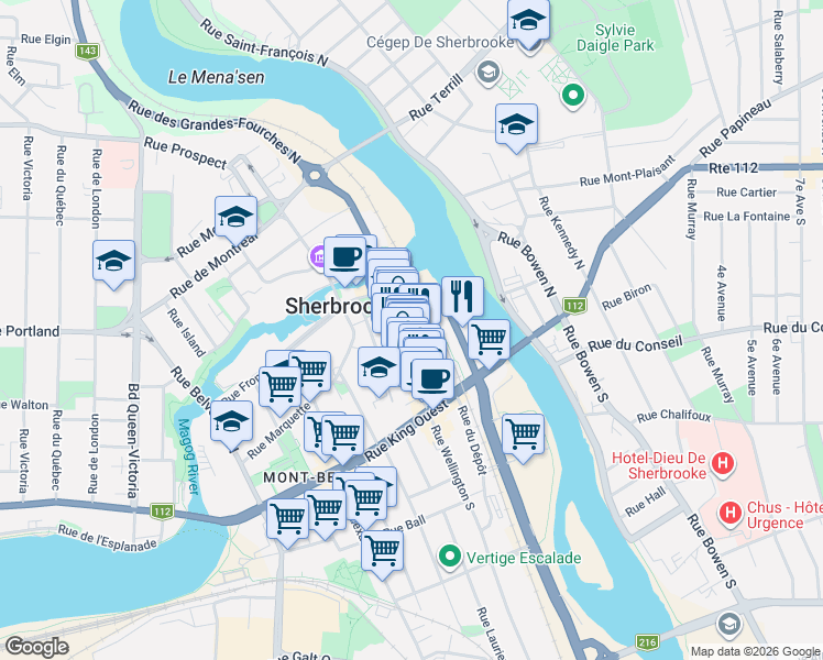map of restaurants, bars, coffee shops, grocery stores, and more near 128 Rue Wellington Sud in Sherbrooke