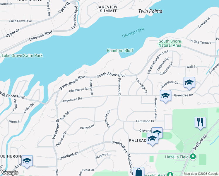 map of restaurants, bars, coffee shops, grocery stores, and more near 2300 Glenhaven Road in Lake Oswego