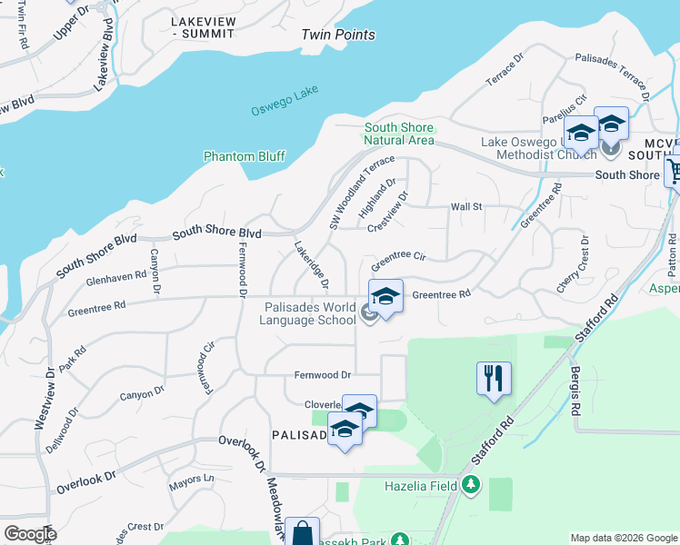 map of restaurants, bars, coffee shops, grocery stores, and more near 16940 Greentree Ave in Lake Oswego