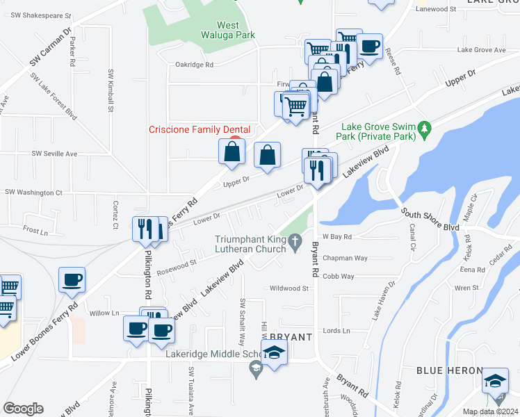 map of restaurants, bars, coffee shops, grocery stores, and more near 4848 Lower Drive in Lake Oswego