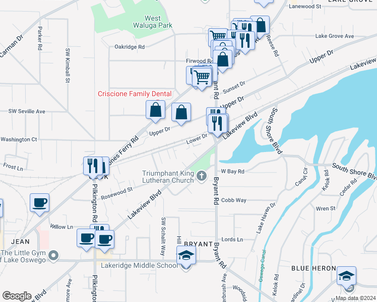 map of restaurants, bars, coffee shops, grocery stores, and more near 4690 Lower Drive in Lake Oswego